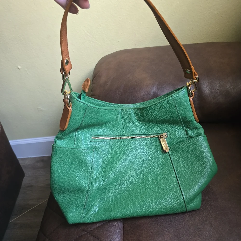 Valentina Green and Tan Hobo Bag with Leather Accents - Picture 3 of 10